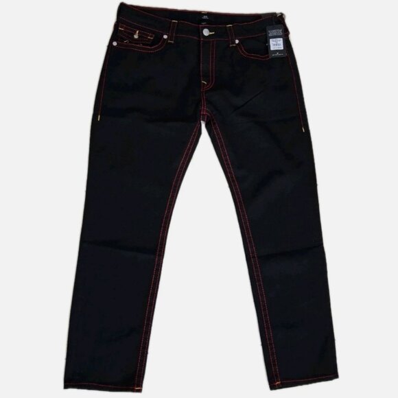NWT True Religion Jeans Mens 38x32 Geno Big T Flap Slim Black Rinse Stretch - Picture 1 of 12